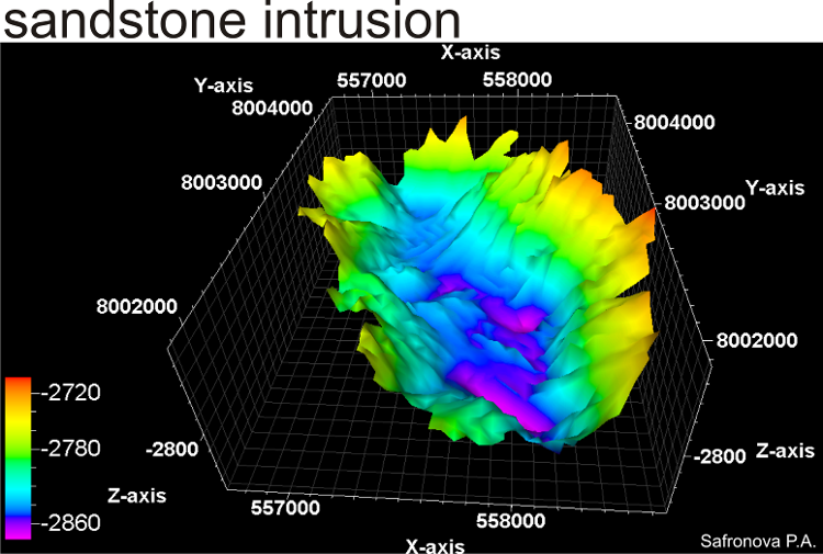 Bildet viser hvordan trykk og ytre stress har formet sandsten p&aring; havbunnen, der gr&oslash;nne og gule omr&aring;der  viser sprekkdannelser.