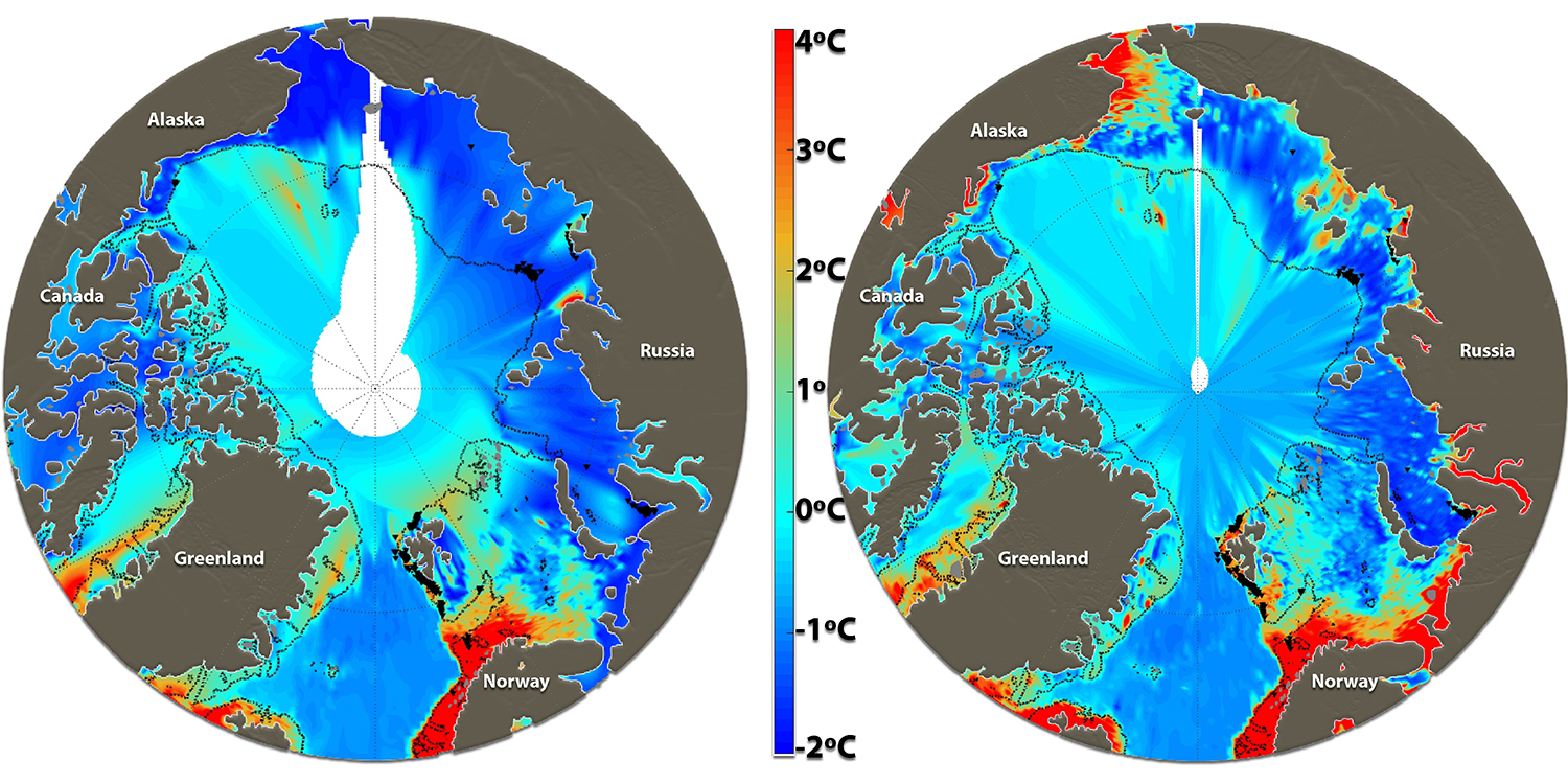 Det er i praksis bare to årstider i Arktis: en lang vinter og en mildere sommersesong. Vanntemperaturen på bunnen av havet varierer mye fra vinter til sommer. Dette er også tydelig i området som er undersøkt, utenfor kysten av Svalbard.