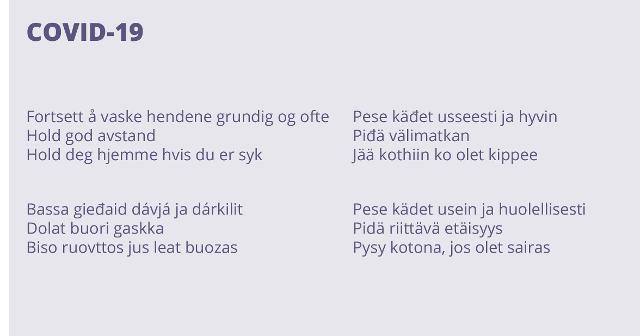Bilde Smittevernråd på norsk, kvensk, nordsamisk og finsk