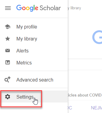 Screenshot Google Scholar with settings item in menu marked with red outline