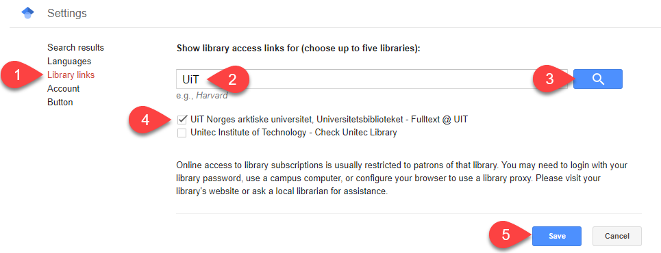 Screenshot of Google Scholar library links setup with numbers 1 through 5 marking specific settings listed above