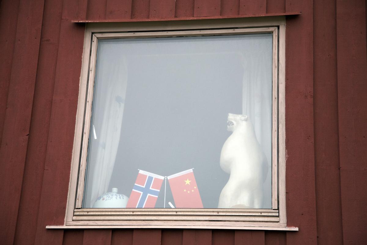 Kinesisk flagg og isbjørn i Ny-Ålesund på Svalbard