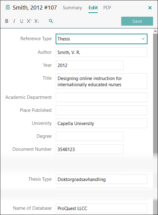 Utfylling av felter i EndNote: Doktorgradsavhandling fra betalingsdatabase APA 7