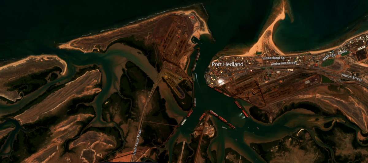 Satellittbilde av Port Hedland, stor utskipningshavn for malm i Australia