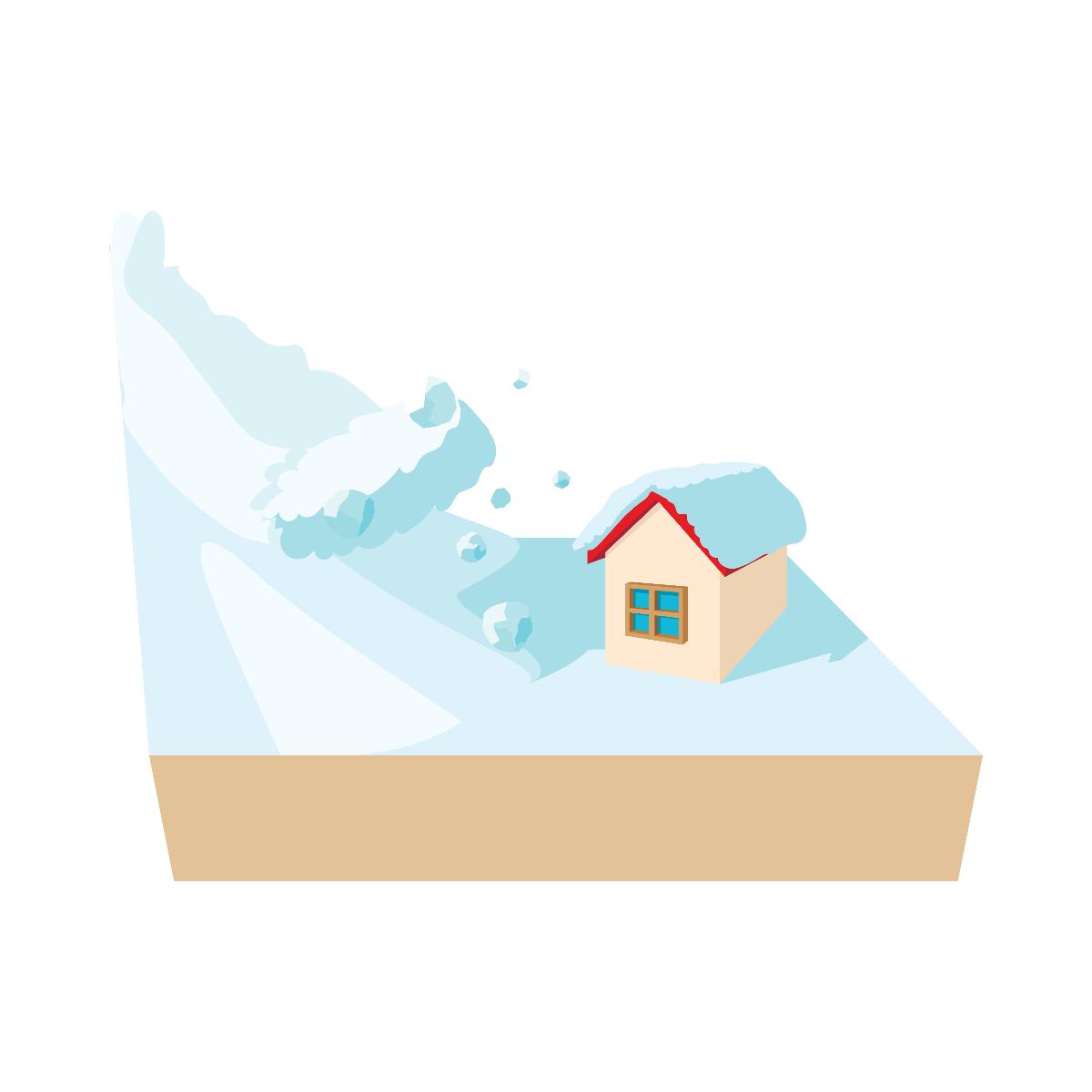Et tegnet bilde av et hus som blir truffet av et snøskred