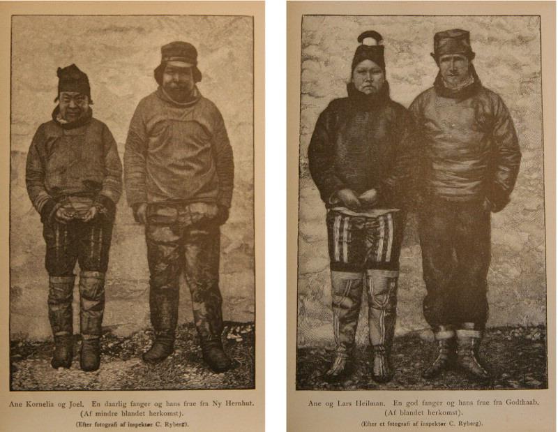 Reproduksjon av to fotografier som viser to par fra Grønland.