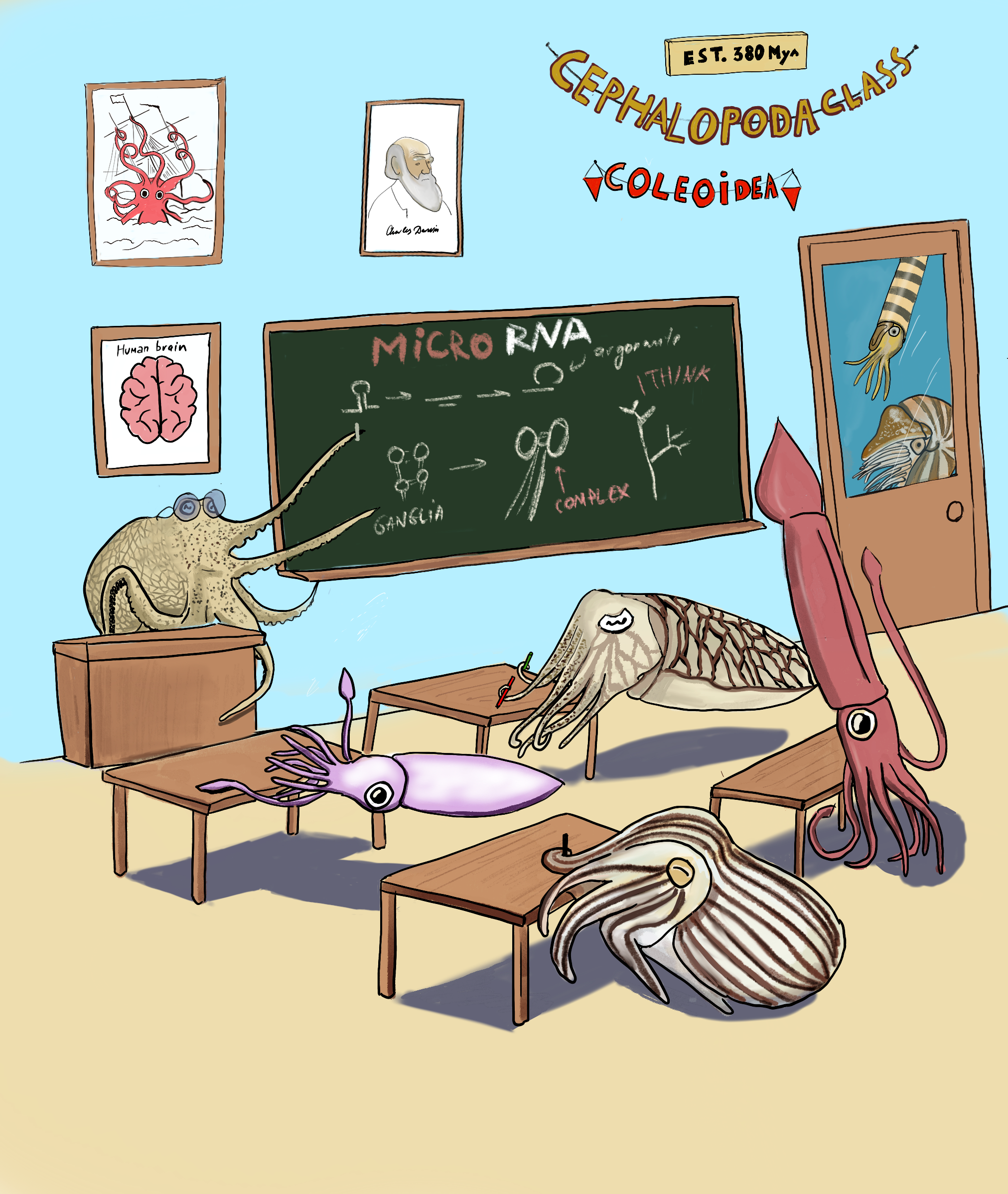 blekkspruter som sitter på skolebenken og lærer om RNA og sin egen hjerne