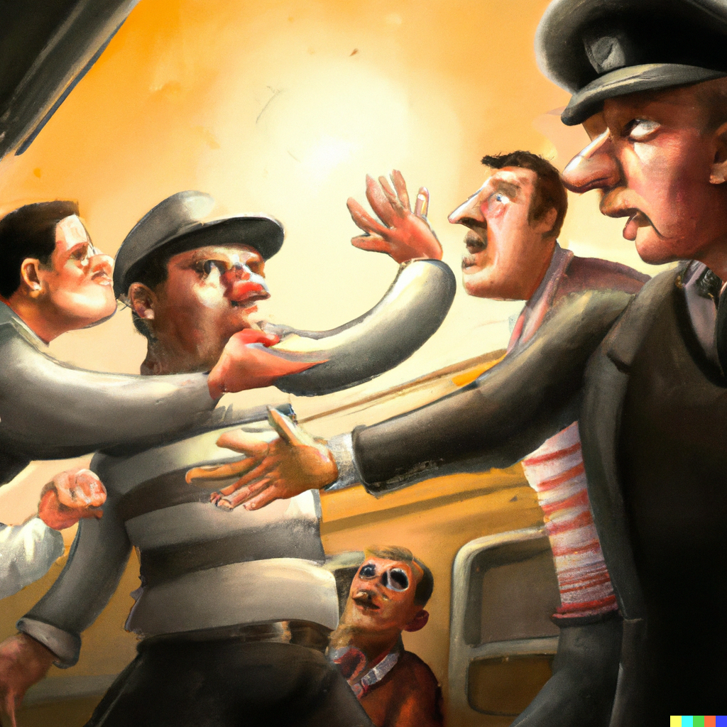 Tegning av personer som krangler på et tog. 
