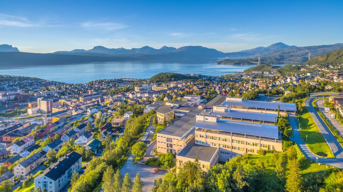 Dronefoto med oversiktsbilde over UiT i Narvik og Narvik sentrum