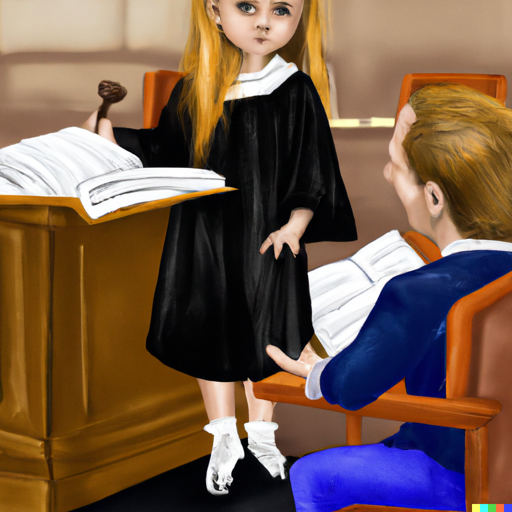 Maleri av et barn som er kledd ut som en advokat og prosederer i en rettsak.
