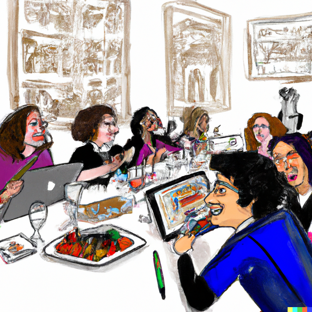 Et maleri av studenter som spiser og koser seg på et seminar.