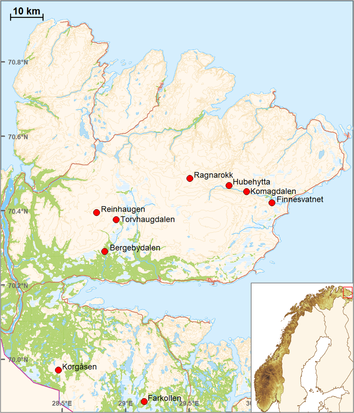 Kart over værstasjoner på Varanger-halvøya