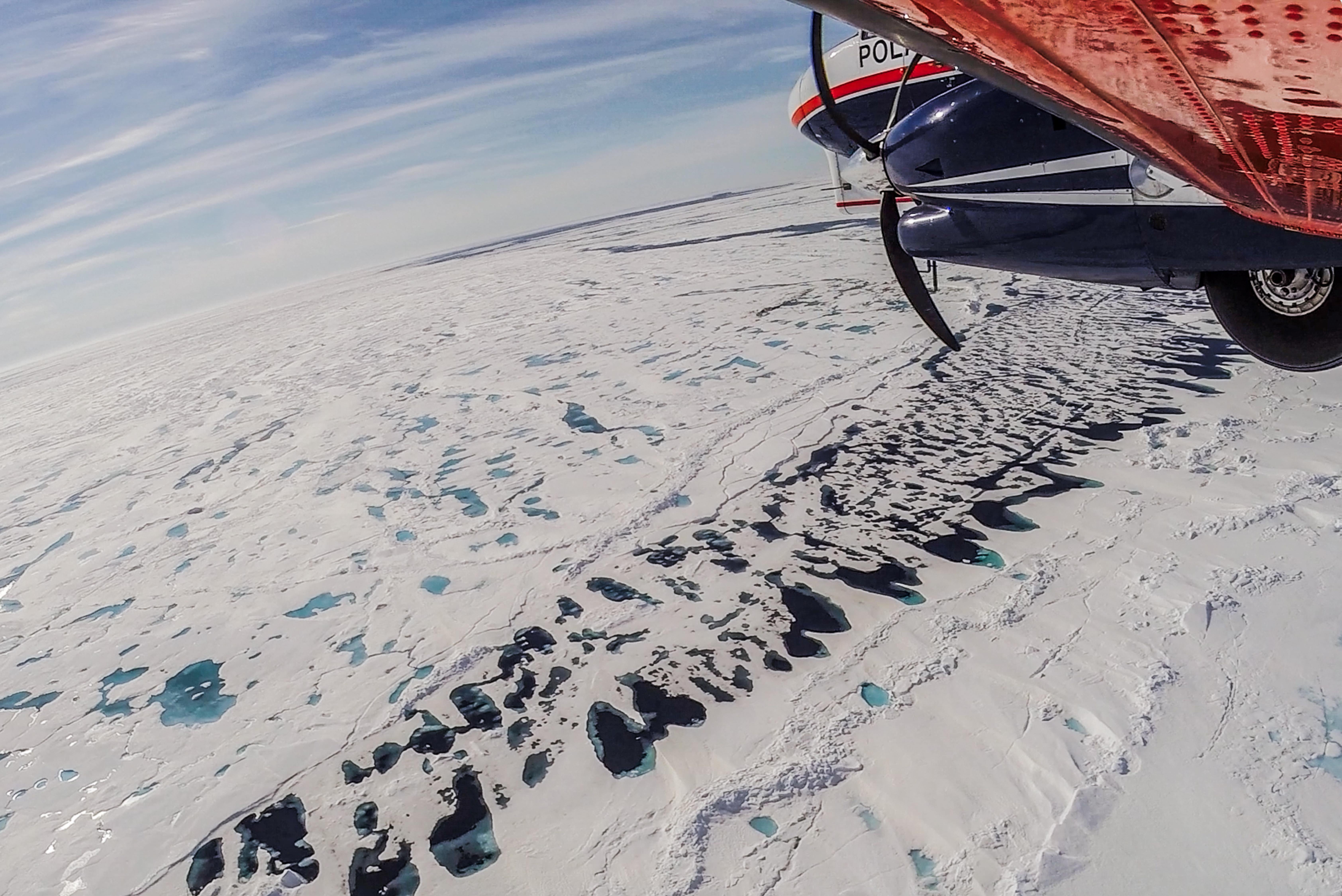 Melting sea ice in the Arctic photographed from the Alfred Wegener Institute’s airborne sea-ice survey IceBird. 