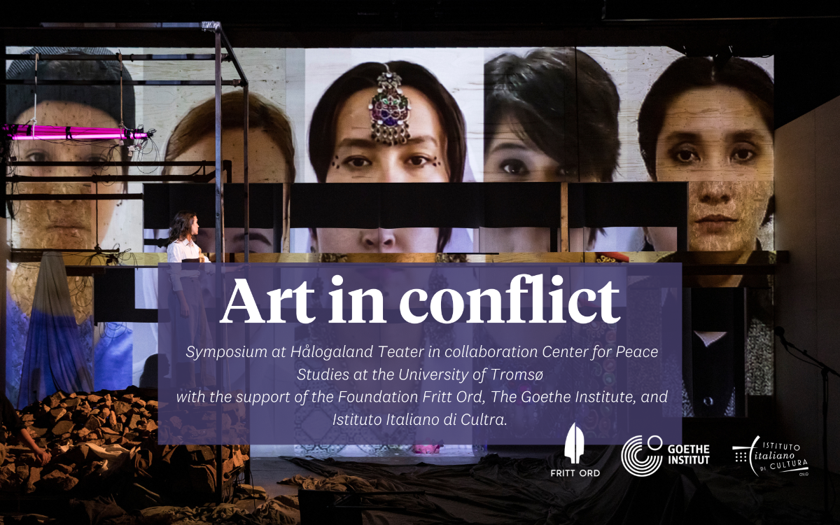 Illustrasjonsbilde for symposiet Art in conflict som viser en dame som stå på en scene og ser på store bilder av dameansikter i bakgrunnen