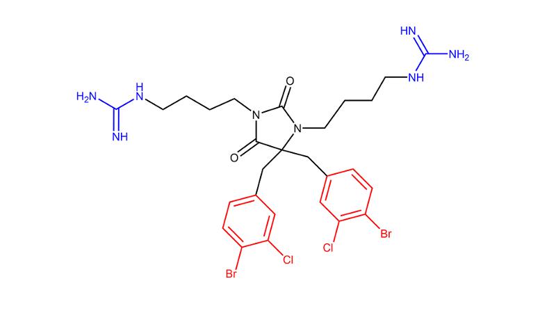 Den kjemiske strukturen til de antibakterielle supermolekylene fra lab’en til Langer. Det er de røde og de blå delene som gjør dem i stand til å ta livet av bakteriene så effektivt.