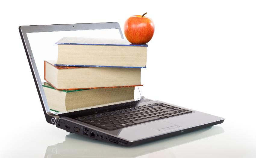 Illustrasjonsbilde av en laptop med bøker og et eple på vei "ut" av skjermen.