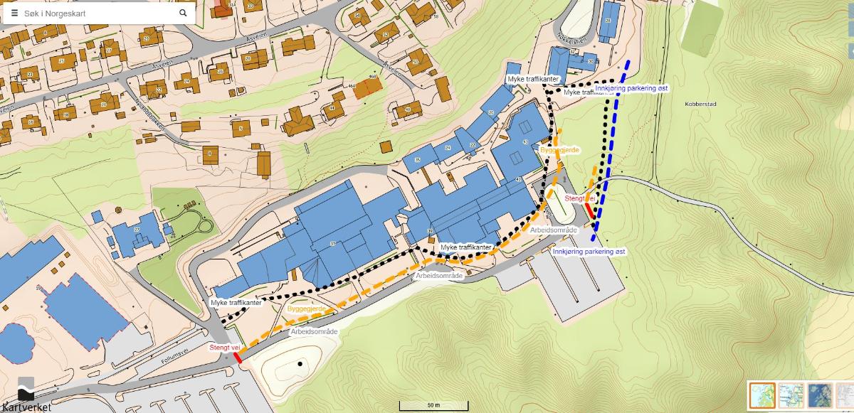 Kartutsnitt med tegnet trase som er stengt