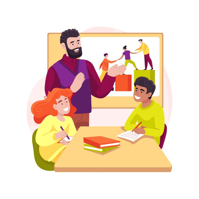 cartoon of man standing teaching a young man and woman around a table