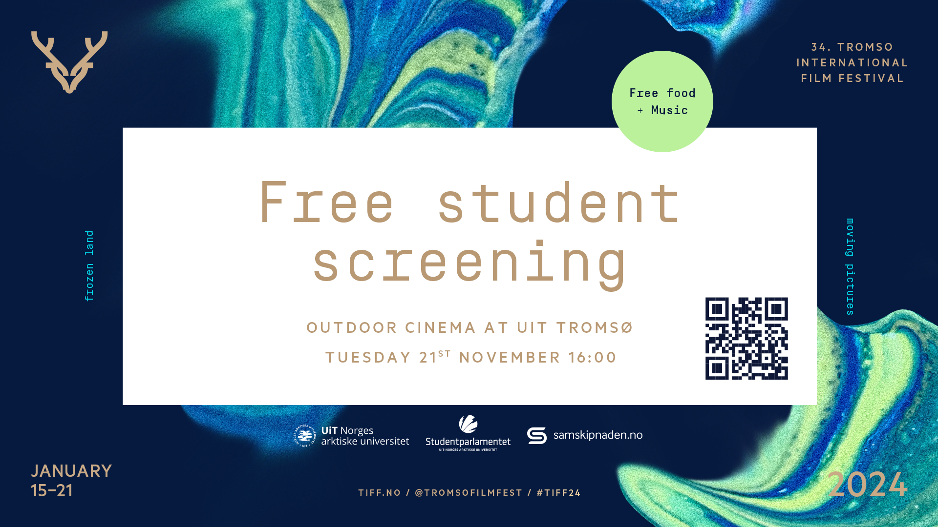 Reklame for gratis utekino, samarbeid mellom TIFF og UiT 