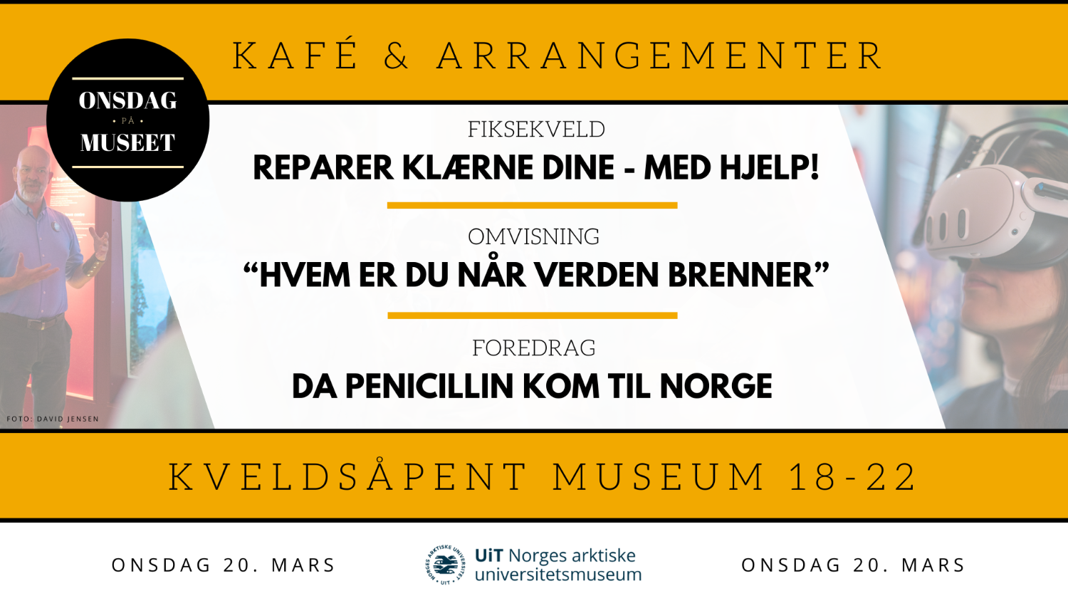Illustrasjons-/bannerbilde for "Onsdag p&aring; museet" 20. mars | Kvelds&aring;pent museum med omvisning, drop-in klesreparasjon, foredrag og kaf&eacute;