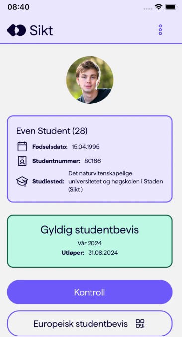 Bildet er av appen studentbevis+