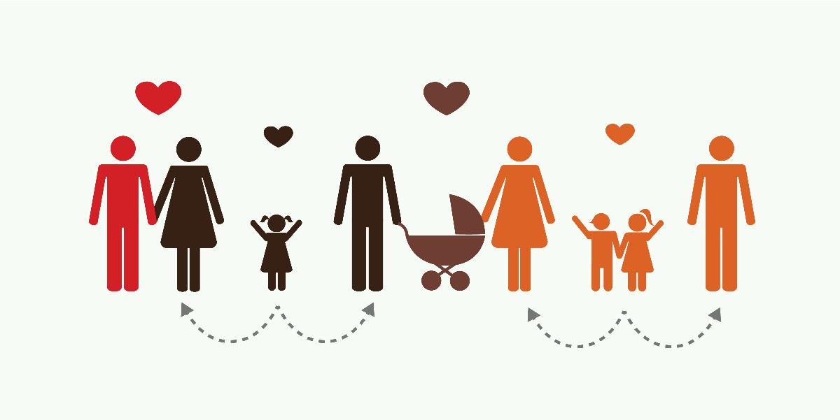 Illustrasjon av familiekonstellasjon bestående av flere par med felles barn. 