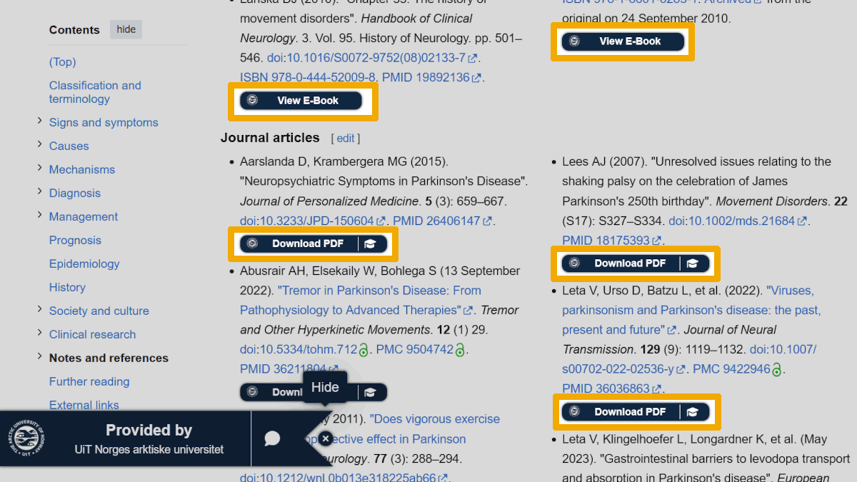 Screenshot of the references on Wikipedia with LibKey Nomad buttons
