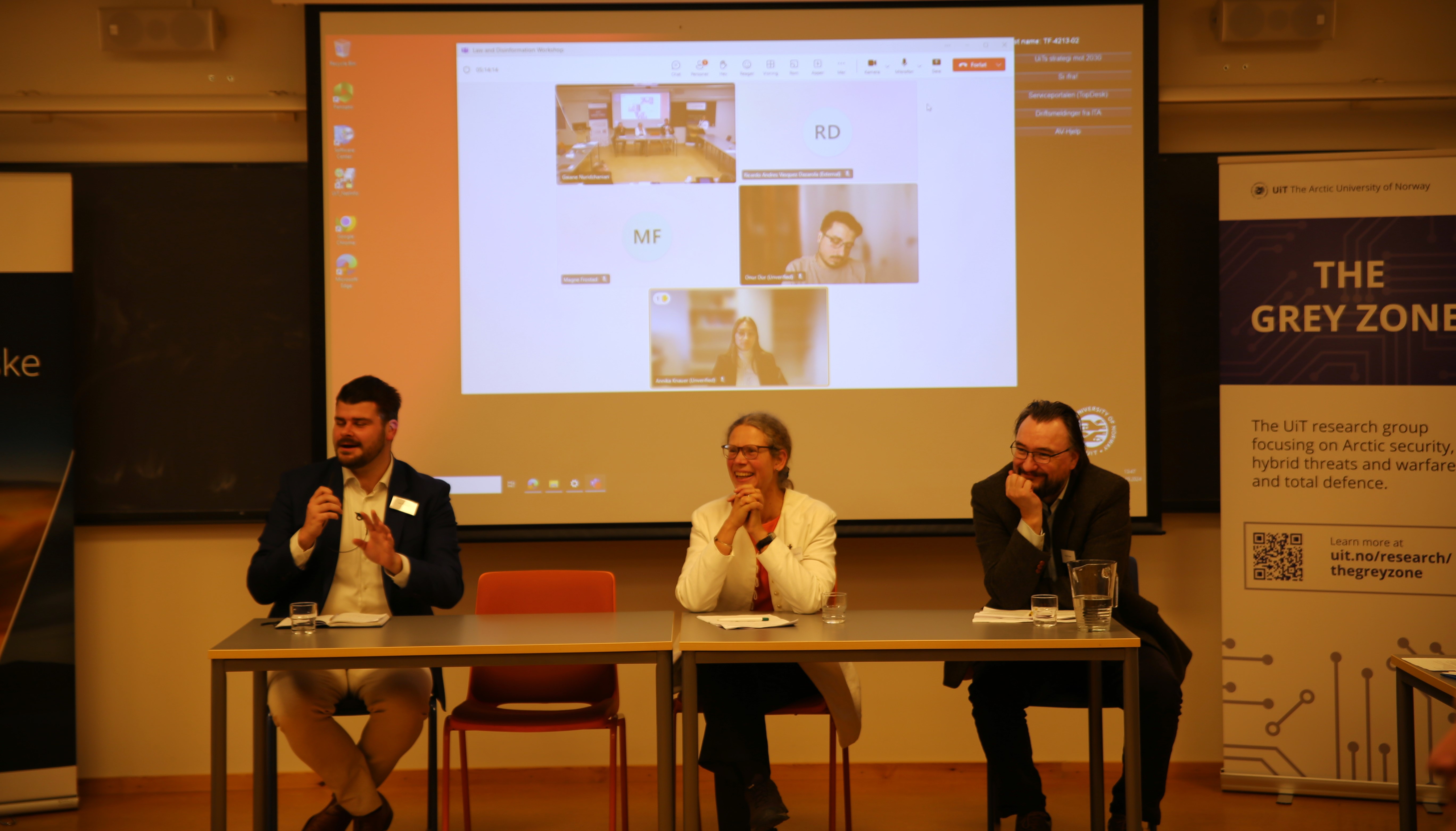 Professor Magne Frostad (moderator), Rigmor Argren, Loïc Vandeput and Onur Dur (online) in the panel are answering questions from the audience