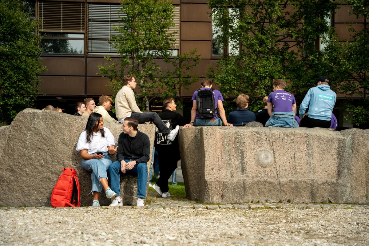 Noen jenter og gutter sitter på og står ved to store steiner