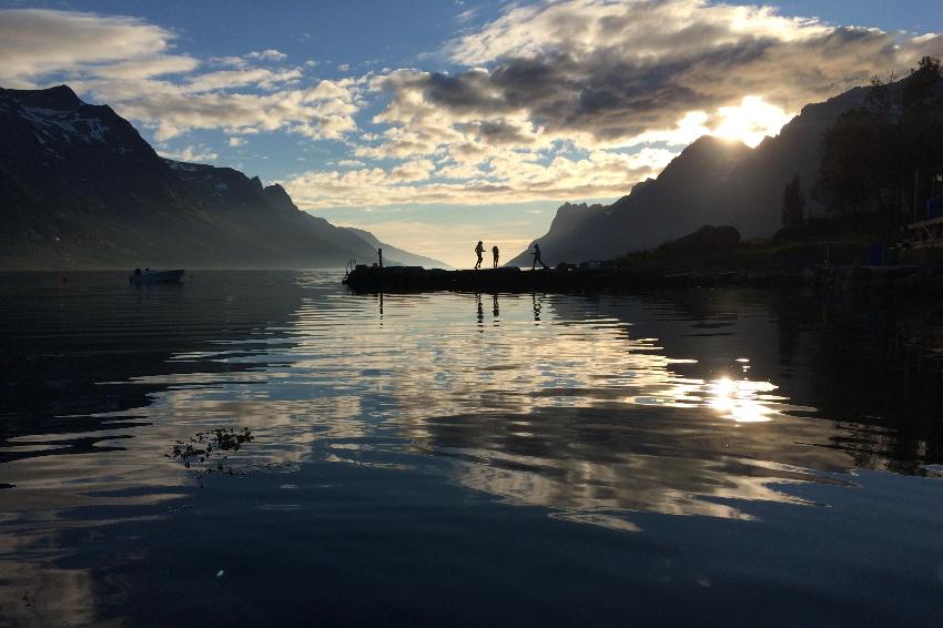 barn som leker på en molo i solnedgang i en fjord