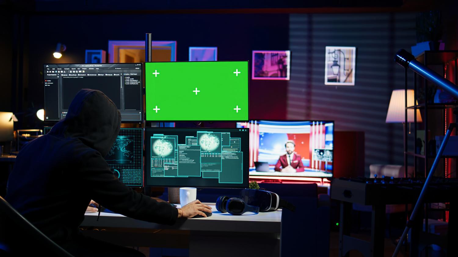 Cybercriminal hacking using green screen PC