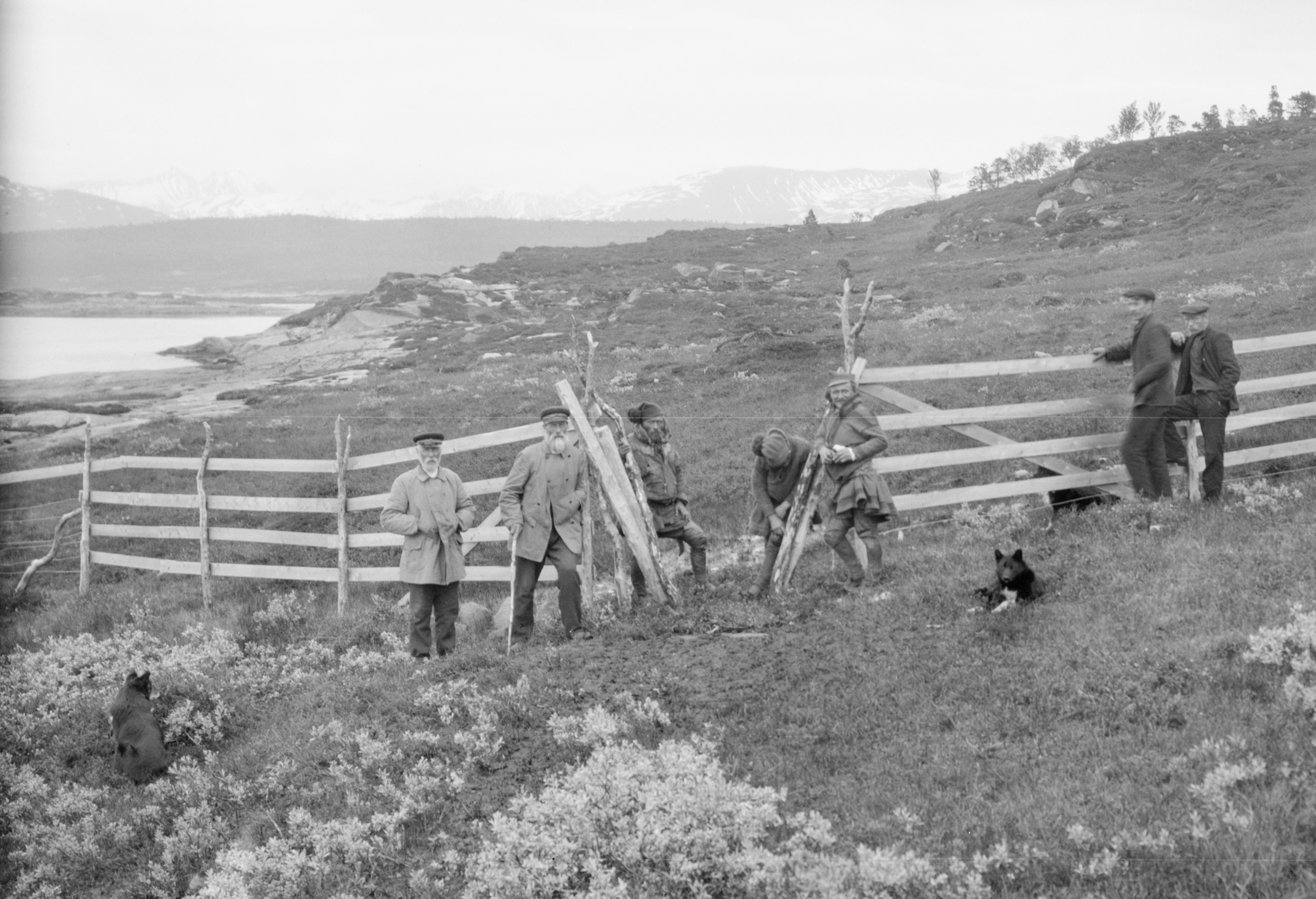 Reinbeitekommisjon Mennesker som står ved et gjerdet laget av tre. Noen er samer, noen er norske.