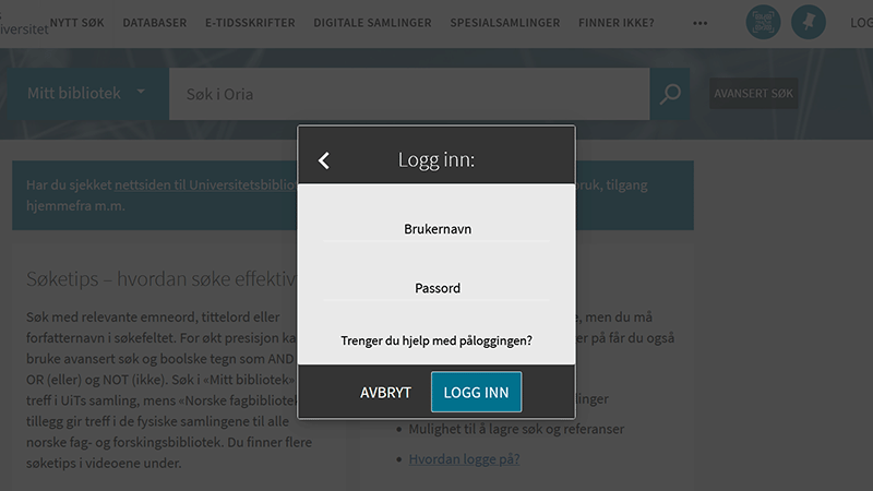 Skjermbilde med innloggingsskjema