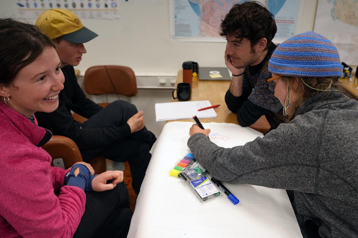 Fire personer som har gruppearbeid.