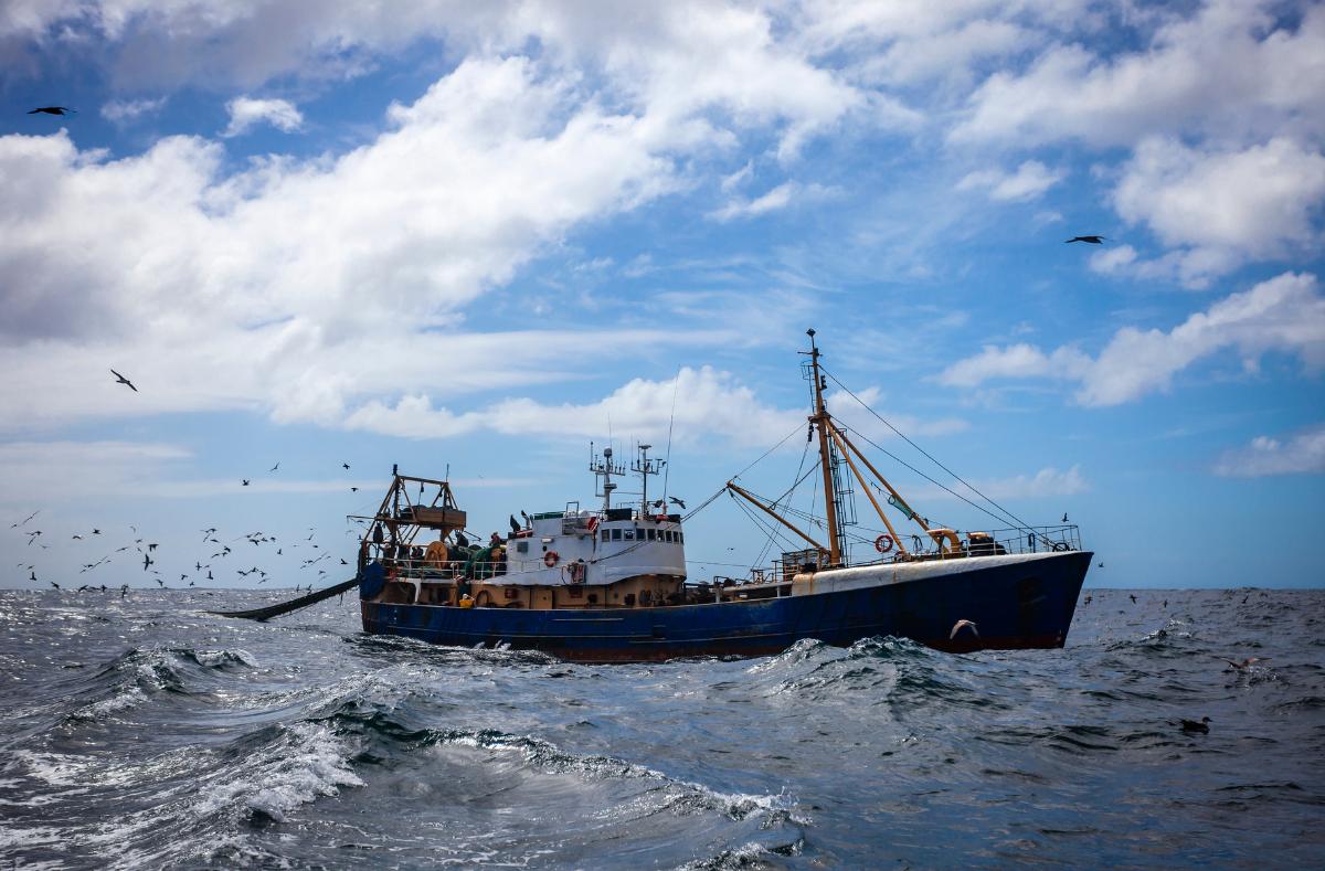 Viser bildet av en fiskebåt på havet