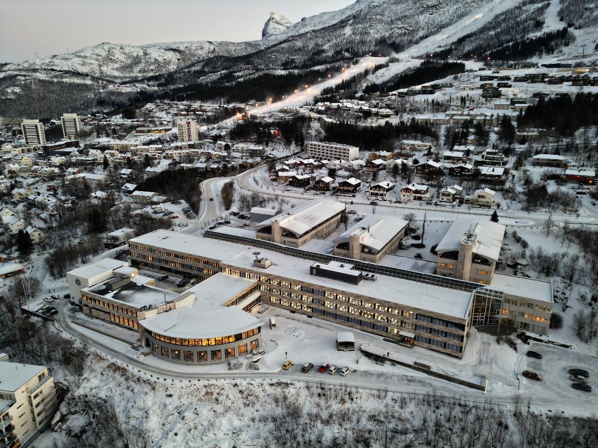 Dronebilde av campus i Narvik