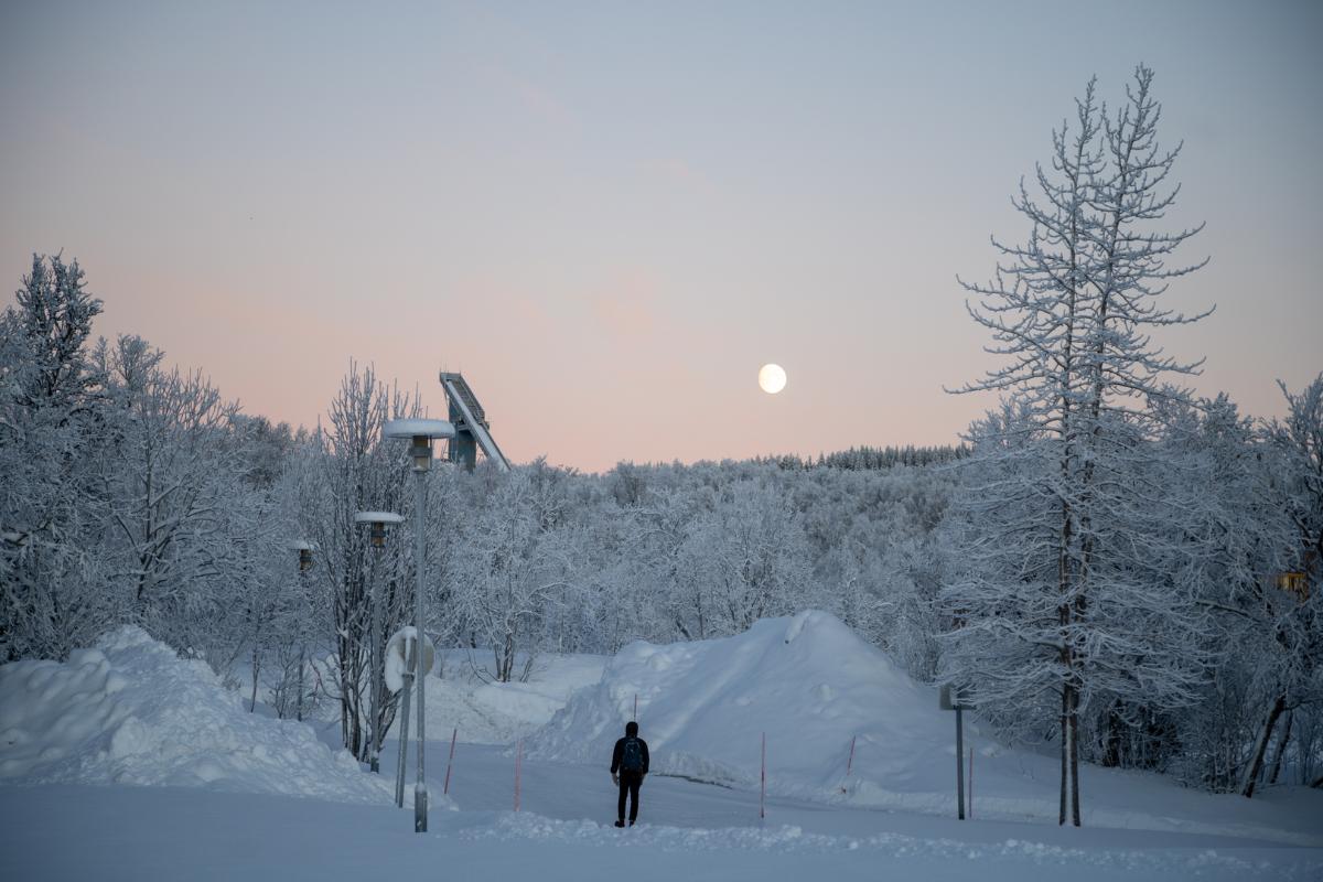 Kaldt vinterbilde med m&aring;ne