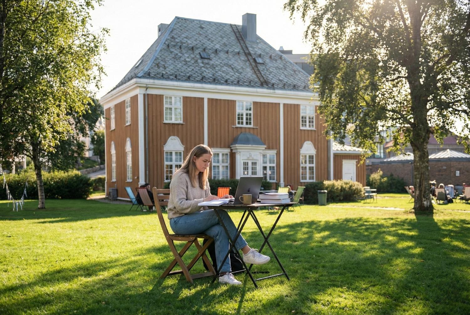 En student sitter ved et bord fremfor et gult hus og studerer 