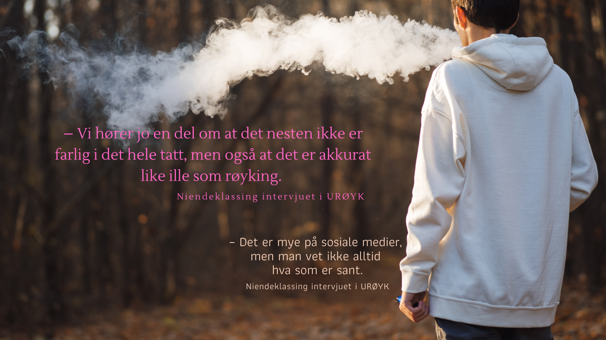 Gutt med ryggen til, vendt mot en skog. Bl&aring;ser r&oslash;yk som vises til venstre for ham. 