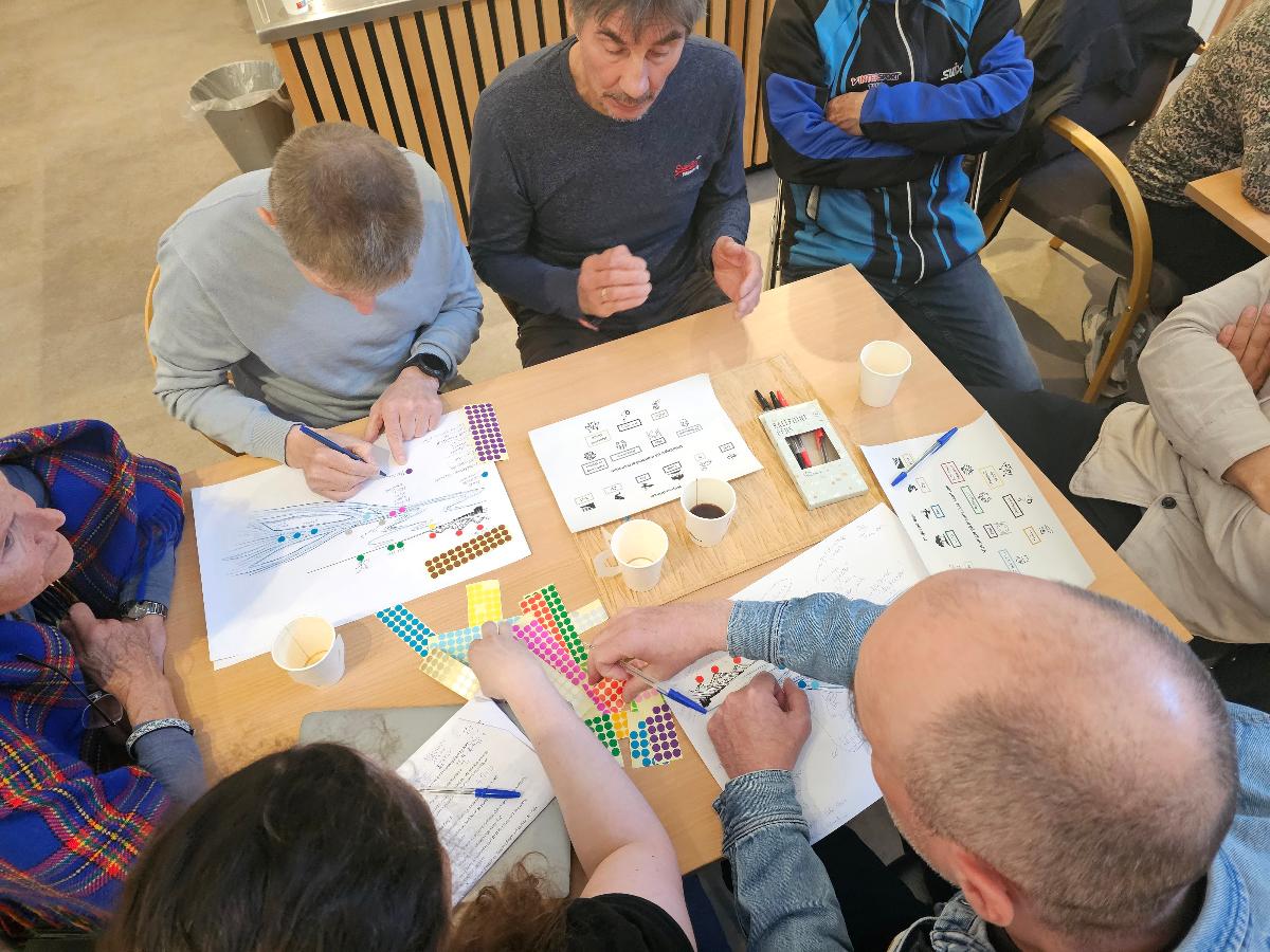 mennesker som sitter sammen og jobber rundt et bord. noen har samiske kl&aelig;r