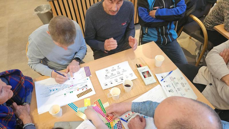 mennesker som sitter sammen og jobber rundt et bord. noen har samiske kl&aelig;r
