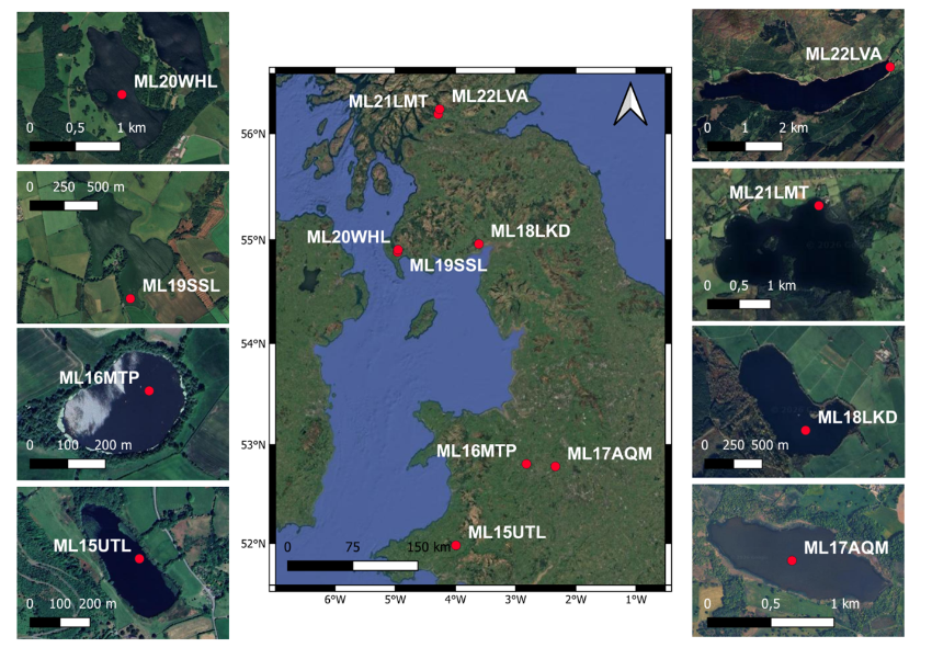 Figur 1. Oversikt over innsj&oslash;ene som ble boret under feltkampanjen (midten), med detaljerte flyfoto og borelokasjoner vist til venstre og h&oslash;yre. Lokalitetkoder: ML15UTL = Upper Talley Lake; ML16MTP = Marton Pool; ML17AQL = Aqualate Mere; ML18LKD = Loch Kindar; ML19SSL = Soulseat Loch; ML20WHL = White Loch; ML21LMT = Lake of Menteith; ML22LVA = Loch Venachar.