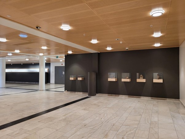 Bildet viser de seks montrene i Solhallen hvor verkene til J&aring;ks er.  Du finner dem bak trappa som g&aring;r fra Solhallen opp til hovedplanet i Teorifagbugg 2