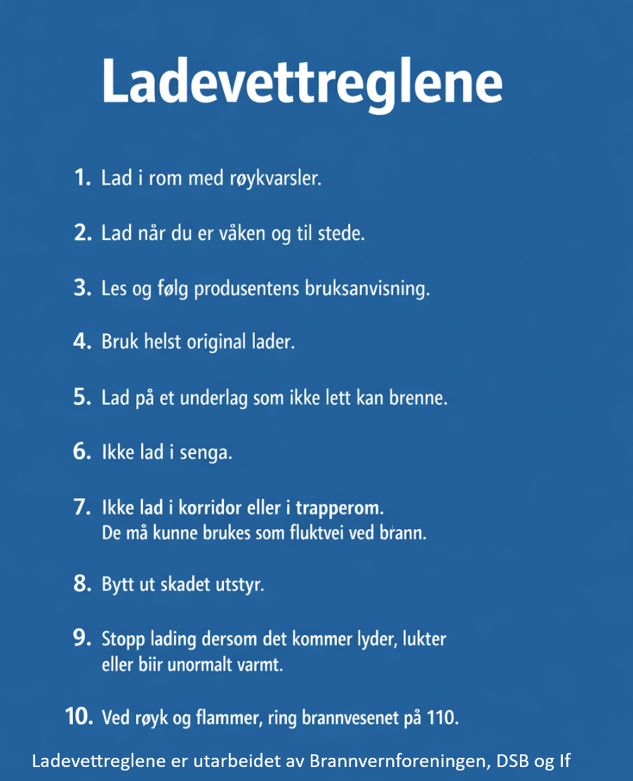 Bildet viser ladevettreglene som er utarbeidet av  Brannvernforeningen, Direktoratet for samfunnssikkerhet og beredskap (DSB) og If