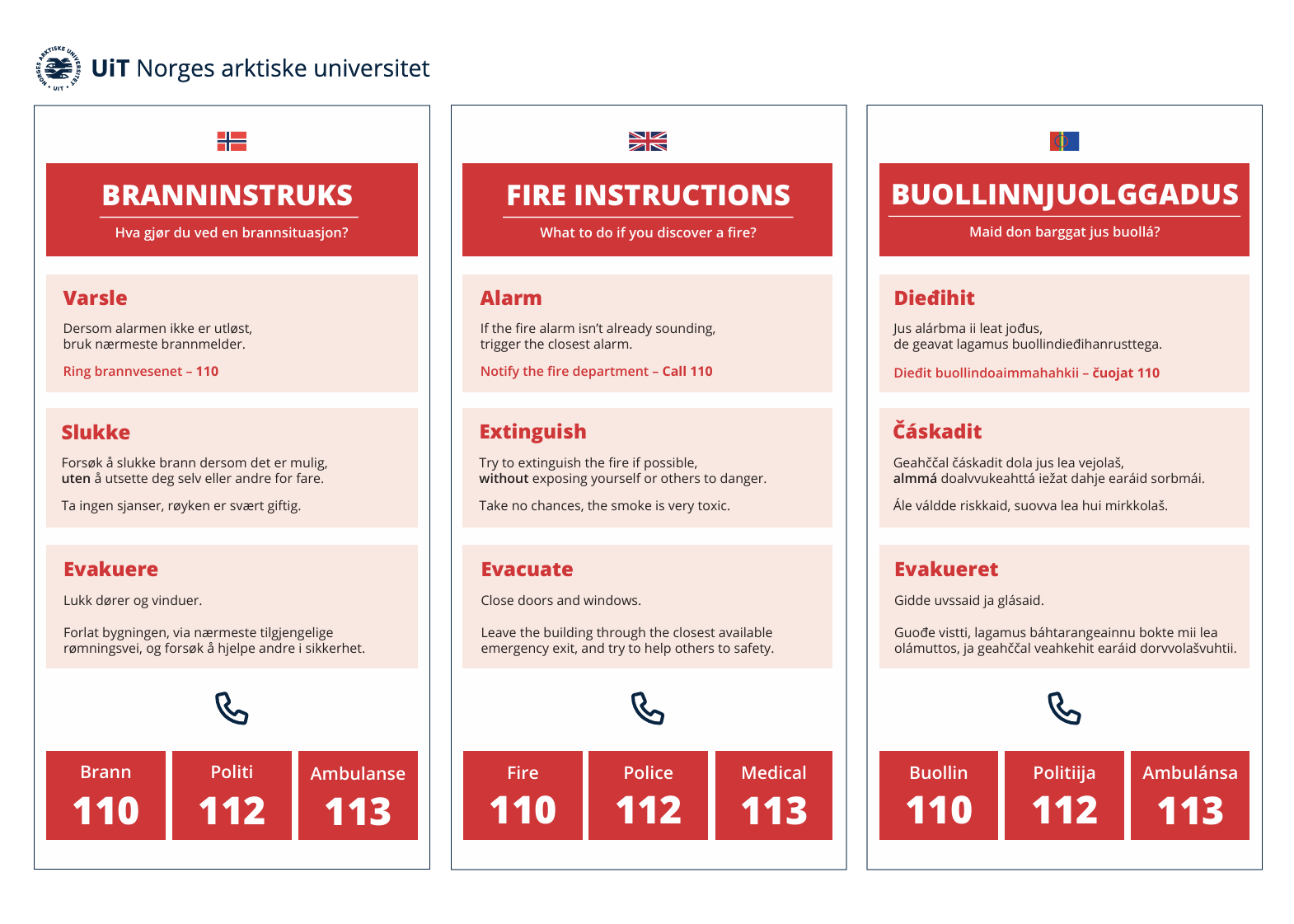 Bildet viser branninstruksen for UiT p&aring; norsk, engelsk og samisk.