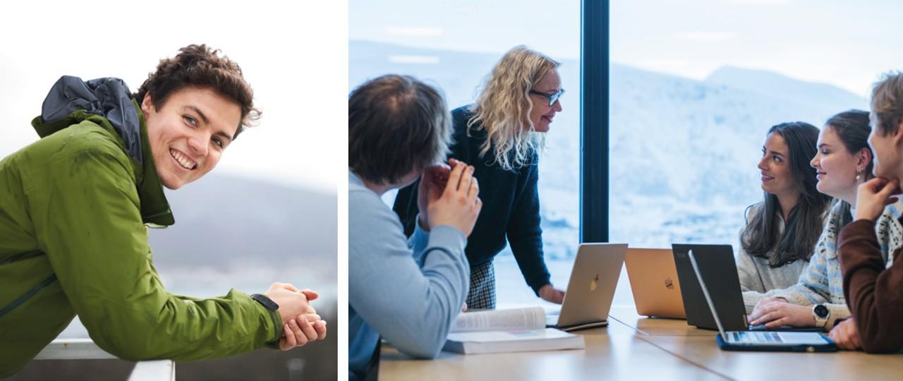 smilende studenter sitter med laptoper ved et bord