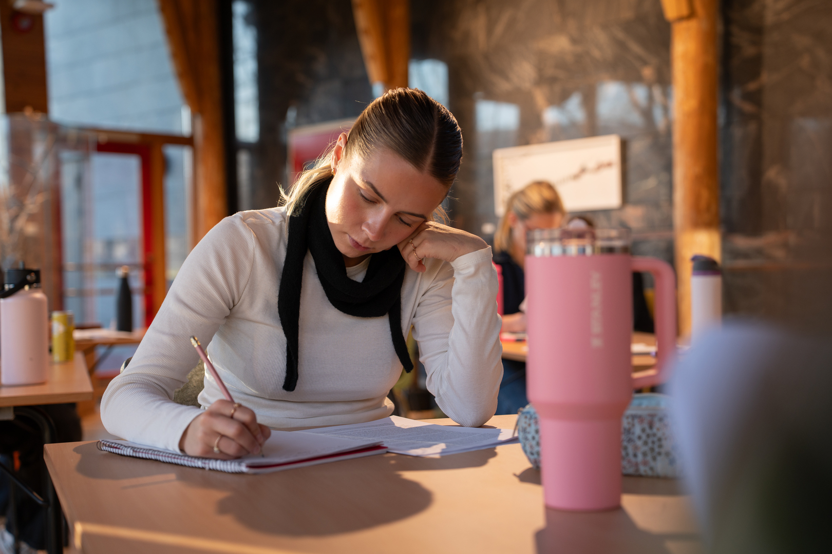 Kvinnelig jusstudent leser og noterer med striper av h&oslash;stsol inn vinduet ved henne. 